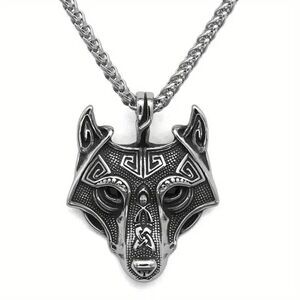Viking Fenrir Wolf Head Stainless Steel Black Diamond Eye Pendant Necklace